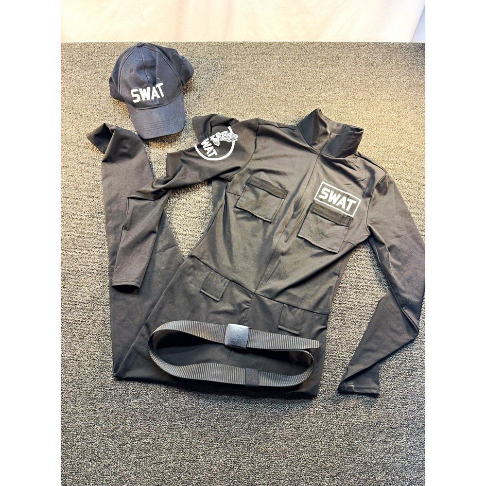 Spirit SWAT Costume Complete Outfit Size S Black Polyester Jumpsuit Hat Belt
